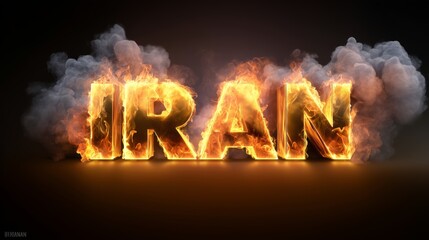 Flames form the word IRAN in bright fire against a dark background with smoke