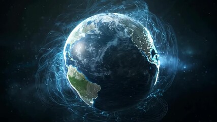 Earth planet space energy stream glow orbit atmosphere, blue magnetosphere lines around globe world sphere, digital network connection data flow, aurora light trail, futuristic cosmic background - Powered by Adobe
