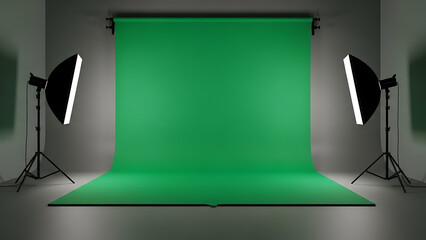Professional photography studio setup with green screen backdrop, lighting, and camera equipment for video production and image editing
