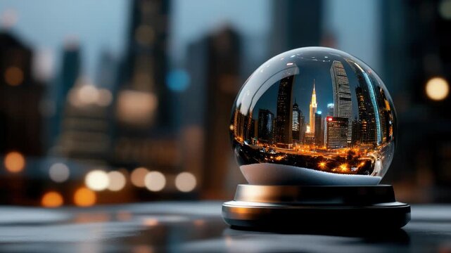 Snow globe with a glowing miniature modern cityscape and reflective glass sphere on a table, set against an out of focus urban night skyline creating contrast between tiny and vast