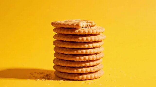 Stack of round crackers with crumbs and bitten cookie on yellow background