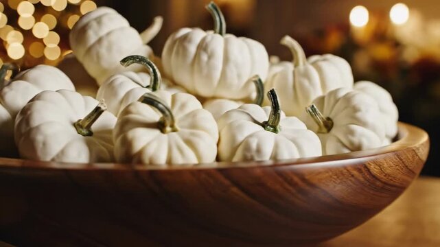 Harvest's Embrace: A wooden bowl overflows with a bountiful collection of small, pristine white pumpkins, a seasonal symbol of autumn's generosity and the warmth of the harvest season.