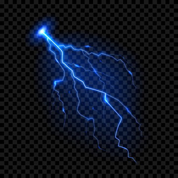 Bright glowing lightning effect. Realistic effect of bright electric discharge of blue lightning. Vector illustration of light-blue bright thunderstorm.