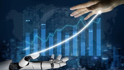 A striking image showcasing the interaction between a human hand and a robotic arm against a backdrop of financial growth data, symbolizing technological advancement and collaboration. Copula
