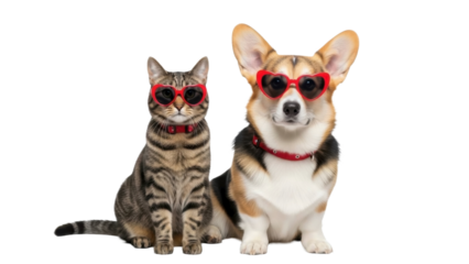 Cat and Dog Wearing Heart Sunglasses on a Transparent PNG Image