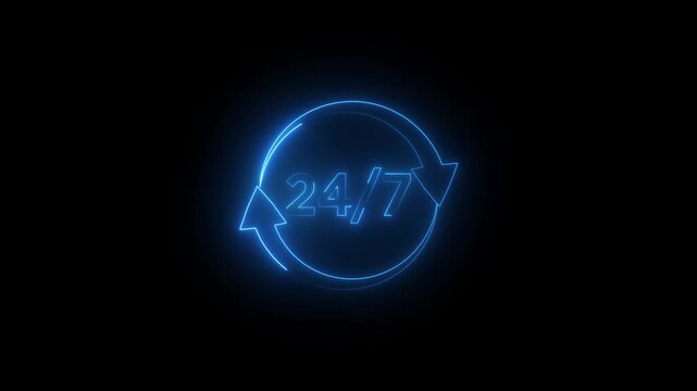 Glowing neon 24 hours 7 days in week order execution or service icons. Customer service icon animation on black background.