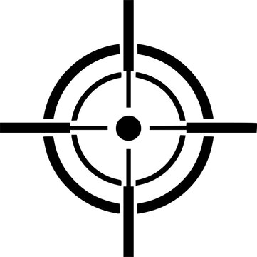 Black crosshair target icon featuring concentric circles and four radial bars, minimal vector glyph for UI designs, precision targeting symbol
