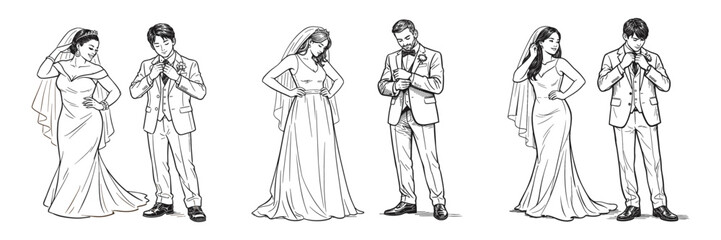 Brides and grooms in wedding attire preparing, vector illustration