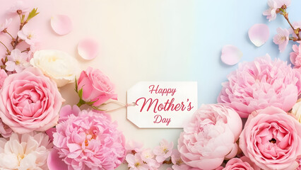 Pink flowers and petals with happy mother's day text