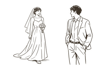Asian bride walking toward groom, wedding couple vector illustration