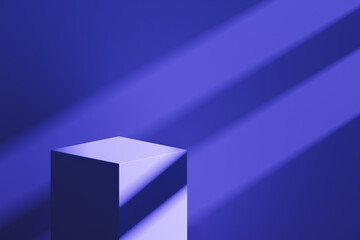 Minimalist 3D blue cube block on dark blue background with dynamic shadows