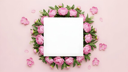 Pink roses floral frame with white card on light background