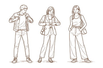 Three fashionable young adults standing confidently in casual outfits, vector illustration