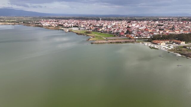 Aerial view of Cabras and surrounding wetlands, Sardinia &ndash; nature and town
