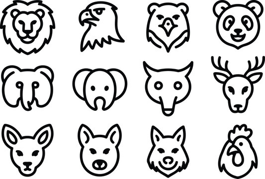 Minimalist animal head line art icons with lion eagle bear panda and wolf