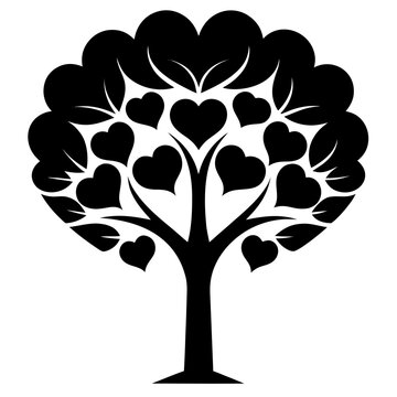 Title: A black and white of a tree with numerous heart-shaped leaves growing inside a large heart
