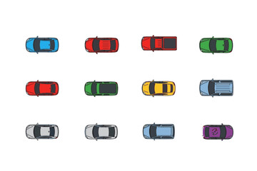 Colorful flat vector illustration of various cars and electric vehicles viewed from a top-down perspective.