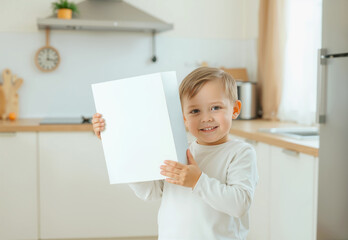 Child holding blank white cereal packaging mockup, ai generated