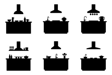 silhouette kitchen design with countertop and equipment  . Isolated on transparent background © Vector_Art
