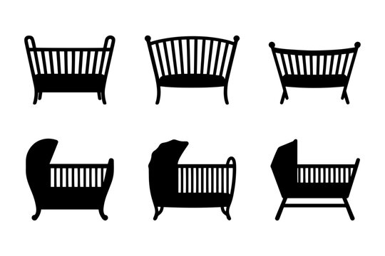 collection of different styles of baby cribs silhouettes . Isolated on transparent background