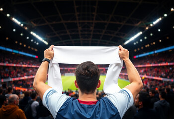 Man holding blank white fan scarf mockup, ai generated