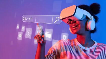 A joyful young woman engages with a virtual reality headset, exploring a digital world enhanced by a vivid search interface and bright technology graphics. Raster