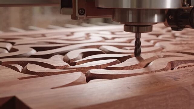 CNC milling machine carving intricate pattern on dark wood surface