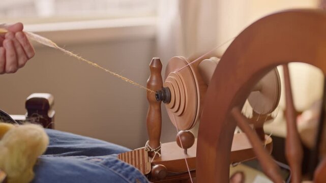 Person hand feeds raw fiber into a spinning wheel, turning wool fleece into yarn.  Close up view of large fiber turning and moving through the machine.