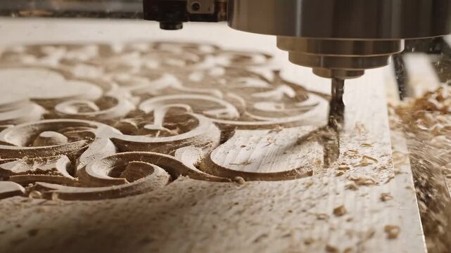 Automated CNC router engraving floral design on light wood board