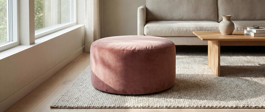 pink velvet pouf near sofa in bright interior