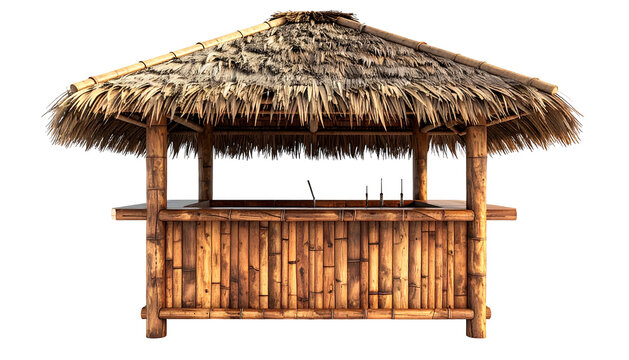 A rustic outdoor bar constructed with bamboo, featuring a thatched roof, perfect for tropical settings