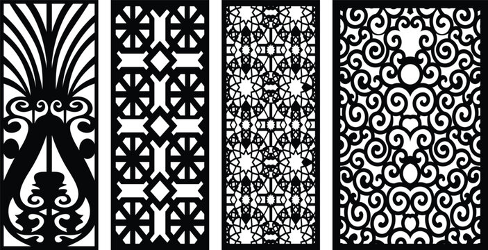 Four black and white jali patterns with intricate geometric and floral