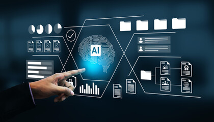 A user interacts with a digital interface showcasing artificial intelligence technology, highlighting data analysis features and modern business solutions in a futuristic setting. Gantry