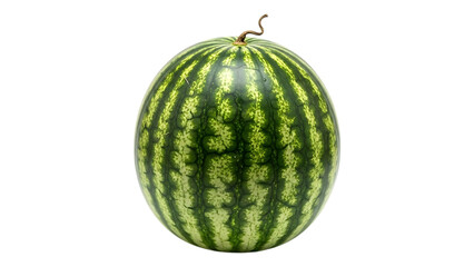 fresh green watermelon fruit with vibrant stripes and stem on a clean white background showcasing its natural texture and vibrant color perfect for healthy eating and summer refreshment