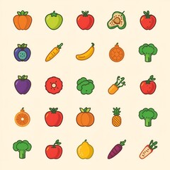 Healthy food icons and illustrations, clean line vector set, organic style, flat design