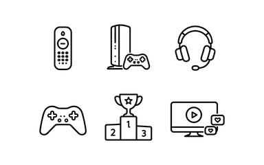 Collection of gaming icons including a console, controller, headset, trophy, and screen