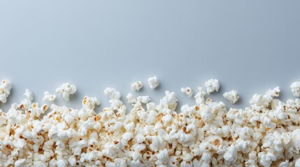 Flat lay of row of fresh popcorn on clean gray surface. Simple and modern snack background with copy space for movie night, advertising and minimal food design