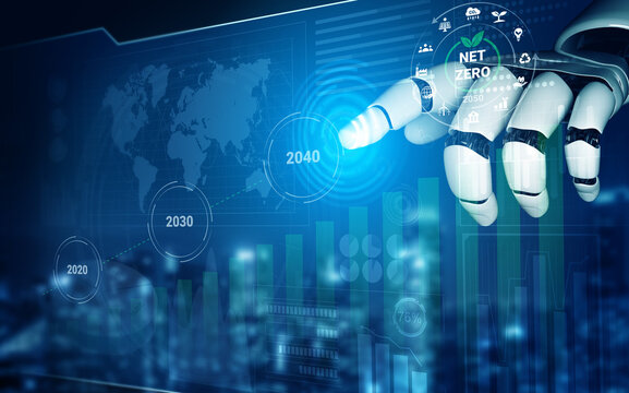 A robotic hand engages with digital elements on a futuristic interface. This image illustrates the connection between technology and sustainability in a data-driven world. Gantry