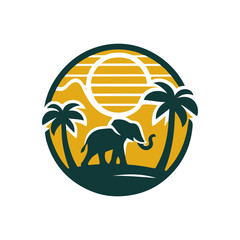 A serene sunset silhouette of an elephant walking among palm trees in a tropical landscape © Sugar