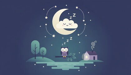 Naklejka premium Dreamy Night Scene with Cartoon Character Sleeping.