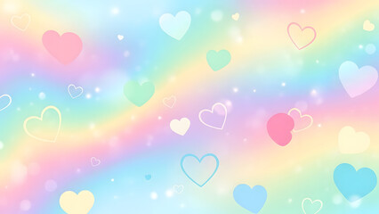Pastel hearts background with rainbow colors and bokeh effect