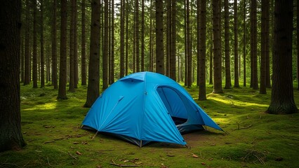 A blue tent sits amidst a lush forest, surrounded by tall trees and mossy ground