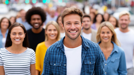 Smiling Man Standing Out in a Diverse Crowd of Happy People Outdoors