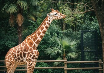 A giraffe with distinctive brown spots stands tall in a lush green enclosure at a zoo or wildlife park