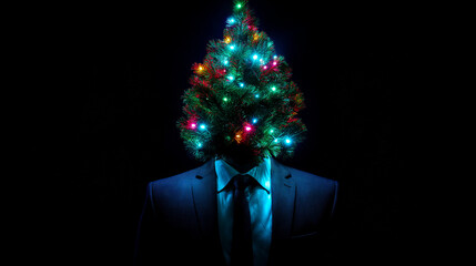 Christmas Tree Head Businessman on Blue Background with Copy Space