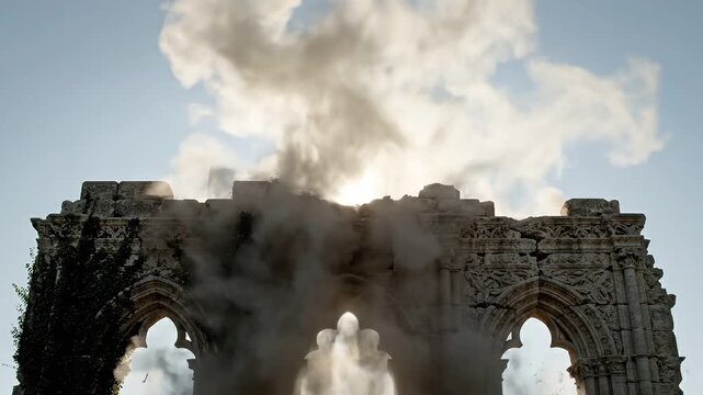 Explosion destroying ancient stone ruins with arches. Debris and dust flying from a crumbling wall during a demolition or war scene. Destruction concept