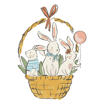 Cute easter bunnies in basket illustration