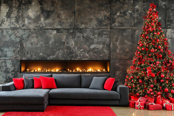 Luxury Christmas Living Room Interior with Fireplace, Sofa and Decorated Tree