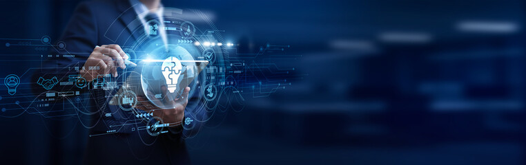 Solutions, Business consultant using digital tablet online connect Solutions creating customized strategies, technology adoption, global networking, problem-solving and process optimization.