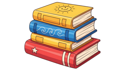 Stack of four colorful books isolated on transparent background